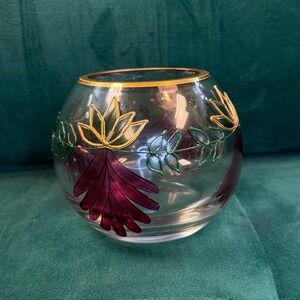 Romanian Glass Rose Bowl Lotus Flower GOLD TRIM Home Decor‎ Accent Piece